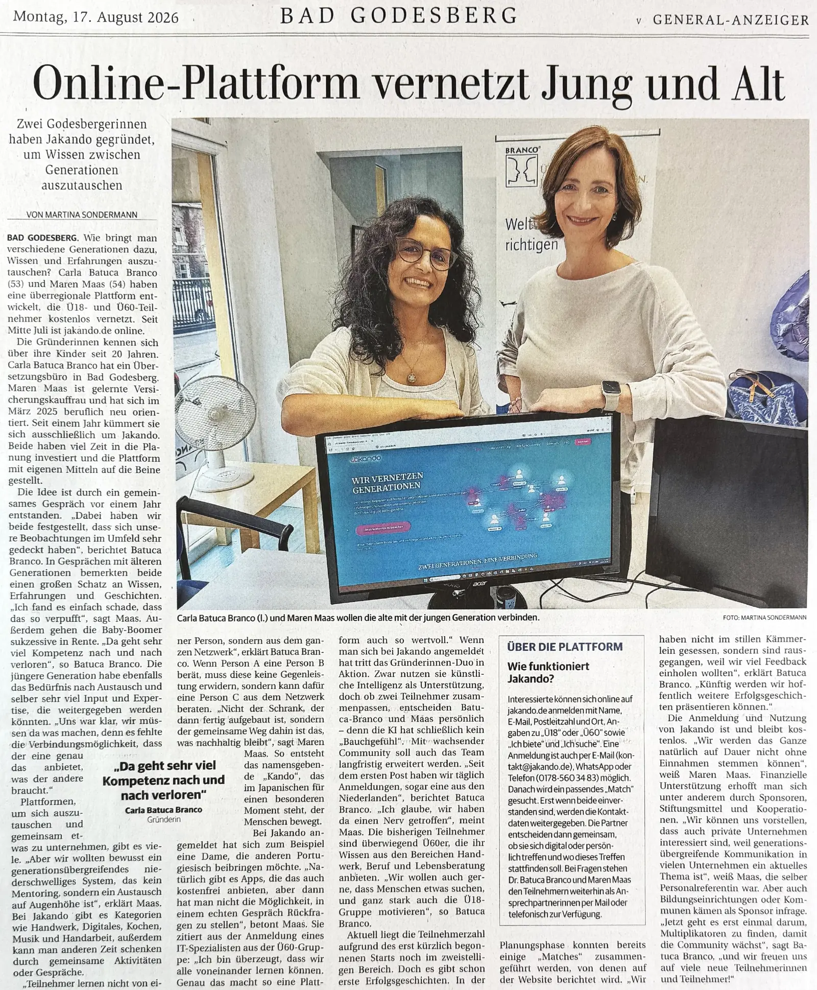 Zeitungsartikel des General-Anzeigers Bonn über Jakando vom 17.08.2026