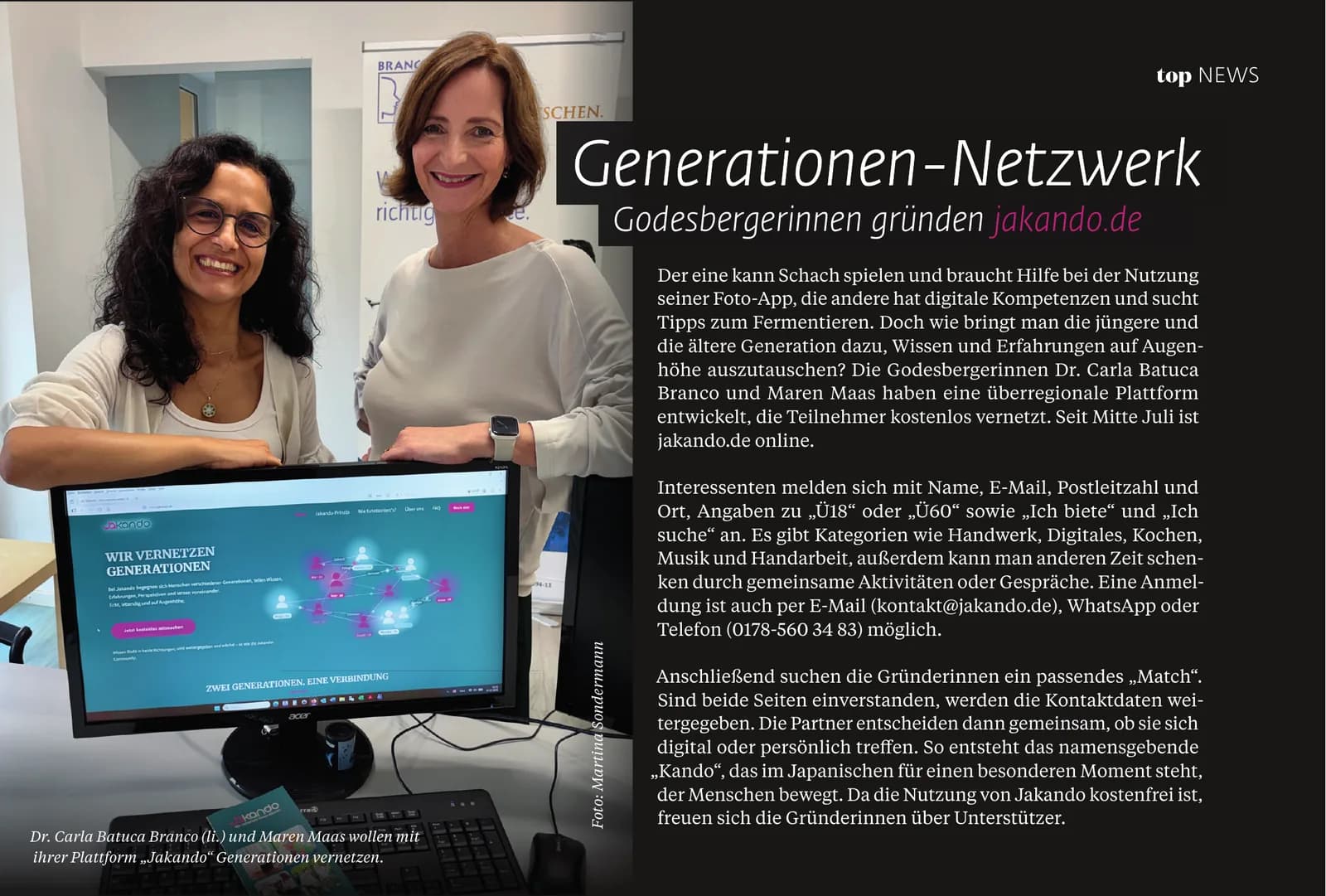Artikel „Generationen-Netzwerk" aus dem Top Magazin Bonn, Herbst 2026, mit Foto von Dr. Carla Batuca Branco und Maren Maas